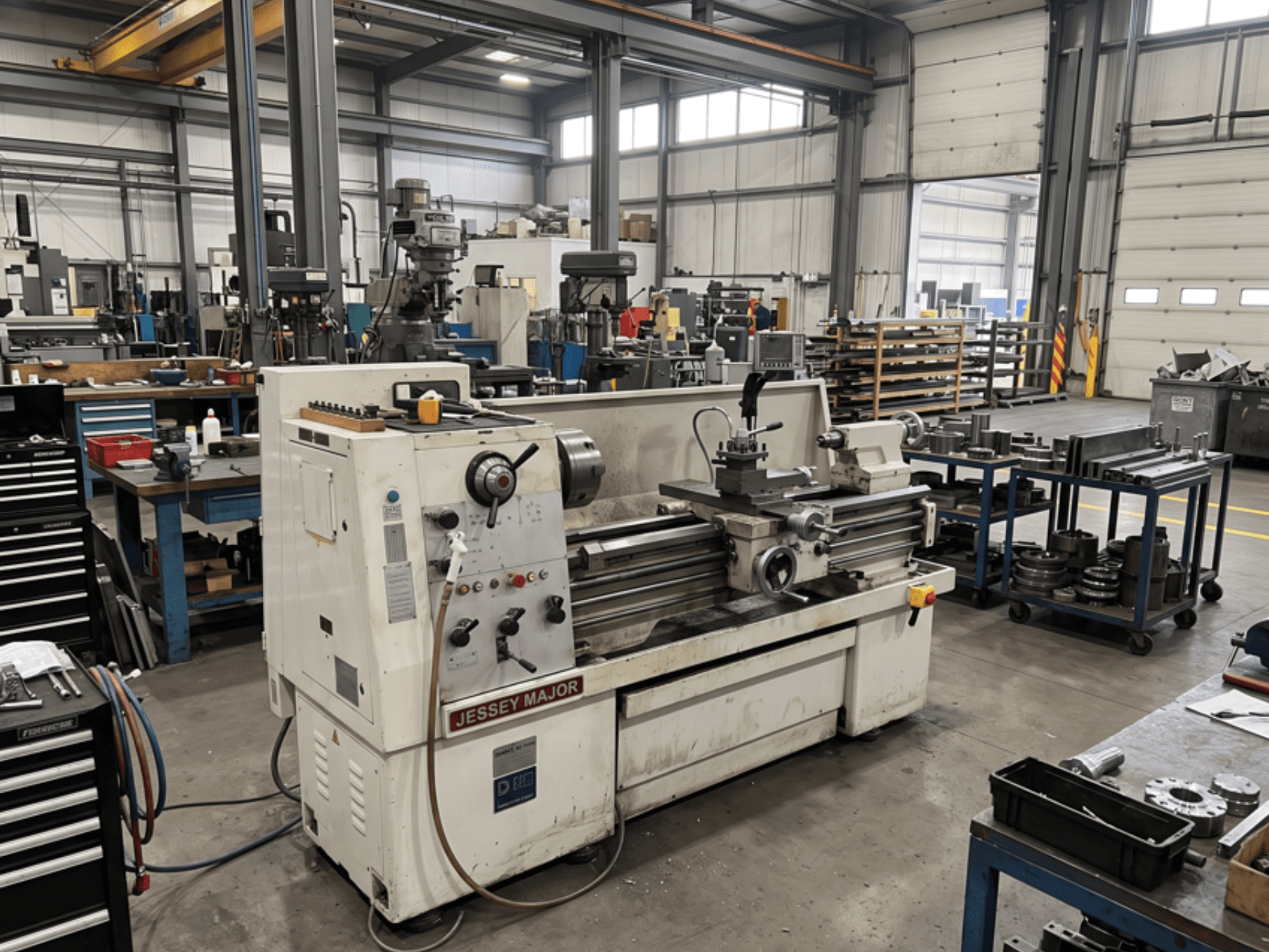Tour horizontal JESSEY MJ1840 dans un atelier, vue de profil, mettant en évidence les commandes et le tour, avec des outils à proximité.
