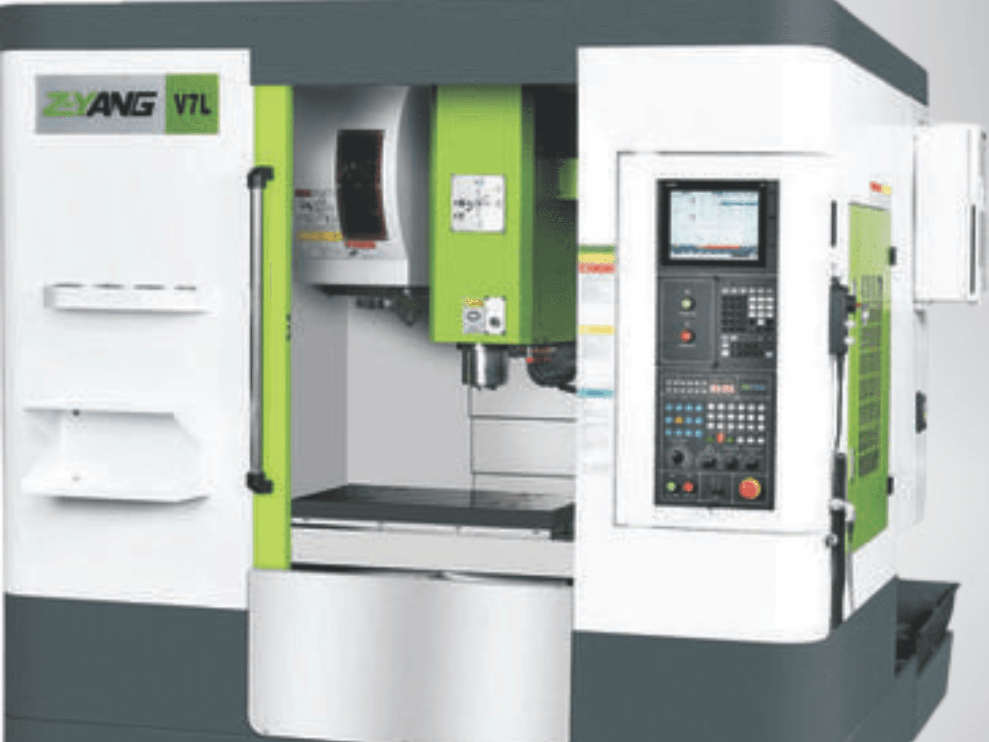 Centre d'usinage vertical Z-YANG V7L, vue de face montrant le panneau de commande, la zone de travail et le design vert et blanc caractéristique.