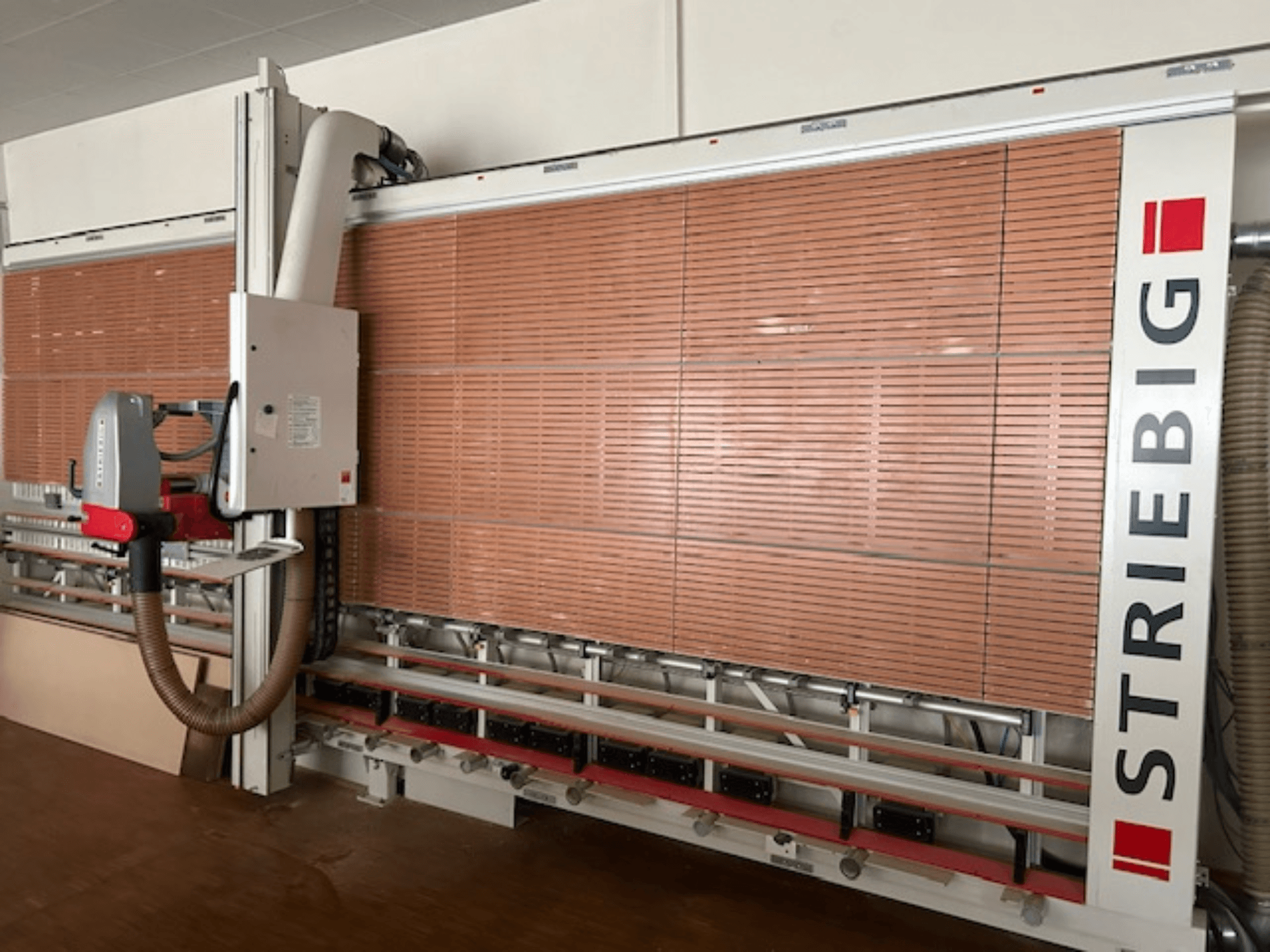 Scie à panneaux verticale Striebig vue de côté, équipée d'une tête motorisée, de lames de coupe pour panneaux de bois et d'un système d'aspiration des poussières.