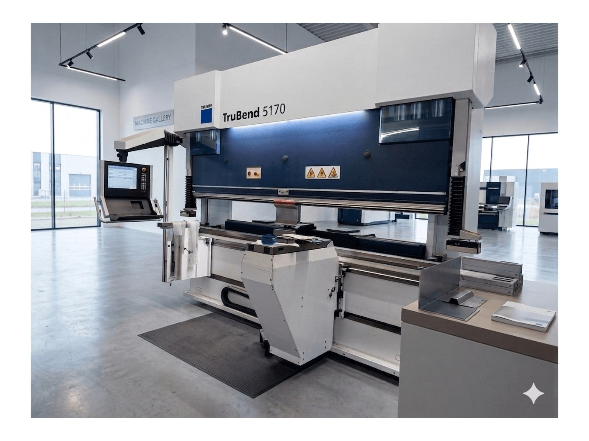 Presse plieuse TruBend 5170 de TRUMPF, vue de face avec le panneau de commande et la table de pliage, illustrant le design moderne de la machine.