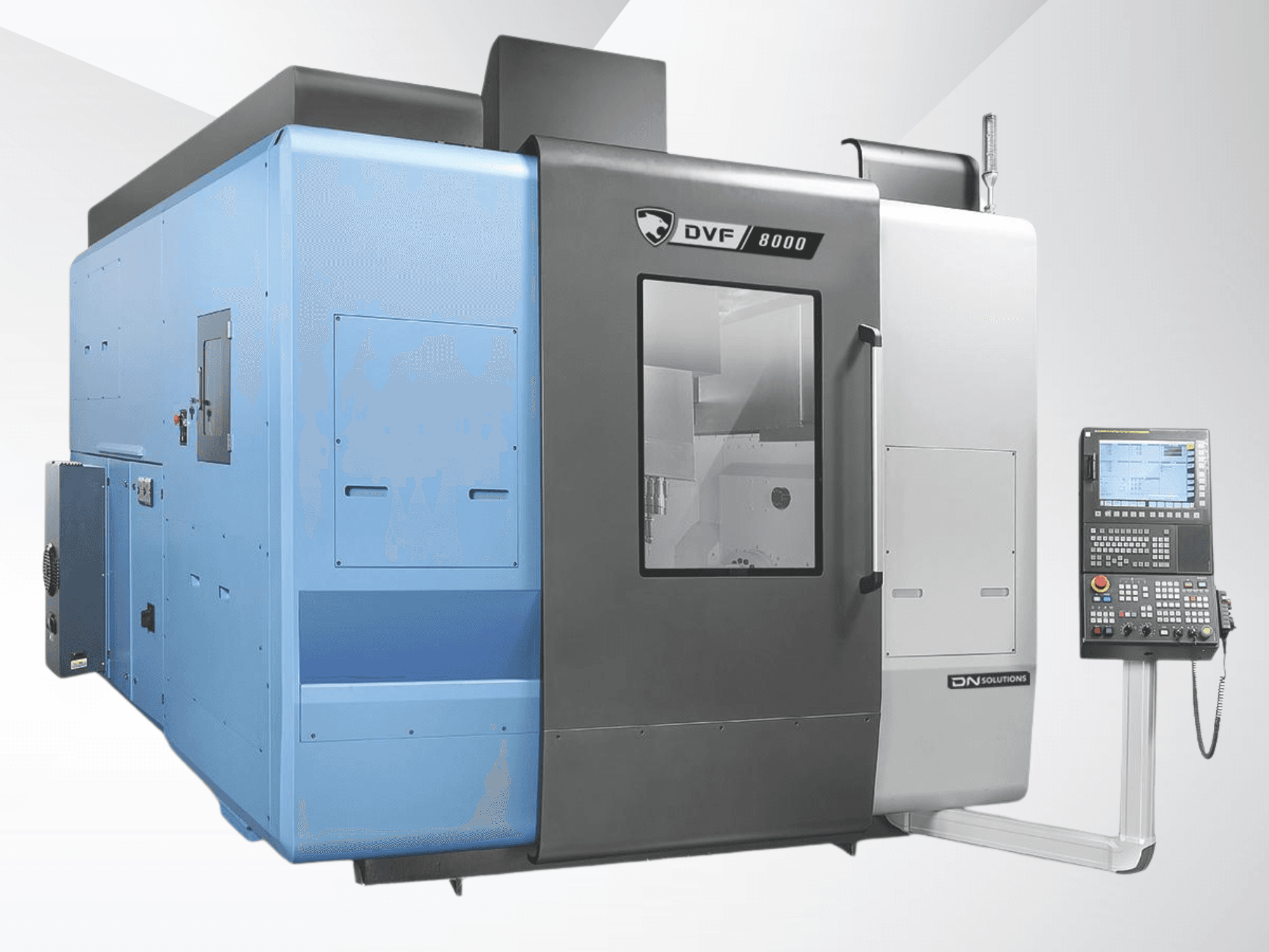 Centre d'usinage universel DN SOLUTIONS DVF 8000, vue de face, mettant en avant le panneau de commande et le design extérieur bicolore.