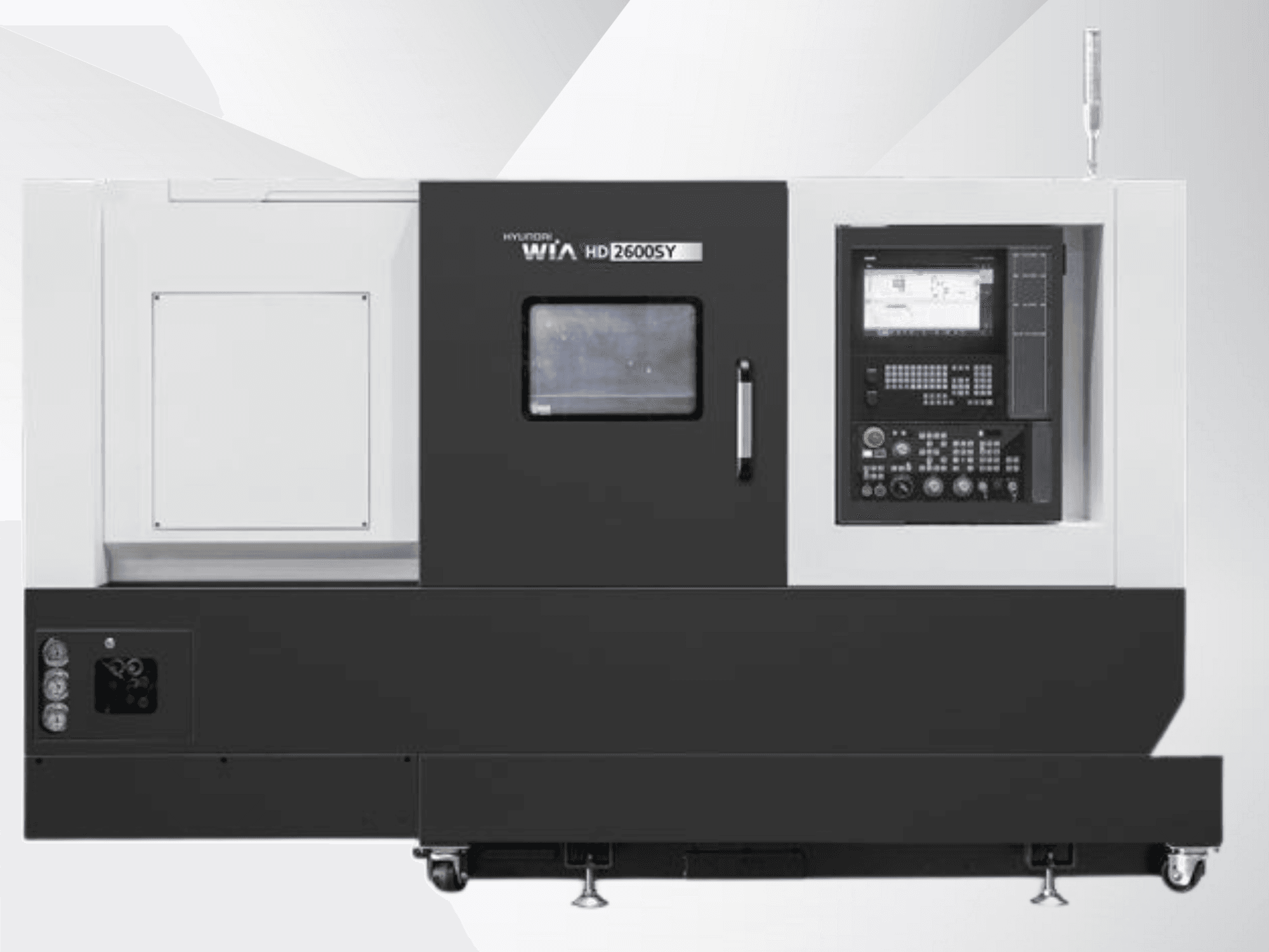Tour CNC Hyundai WIA HD 2600SY, vue de face ; comprend un panneau de commande numérique et une zone de stockage des outils, présentant les caractéristiques techniques.