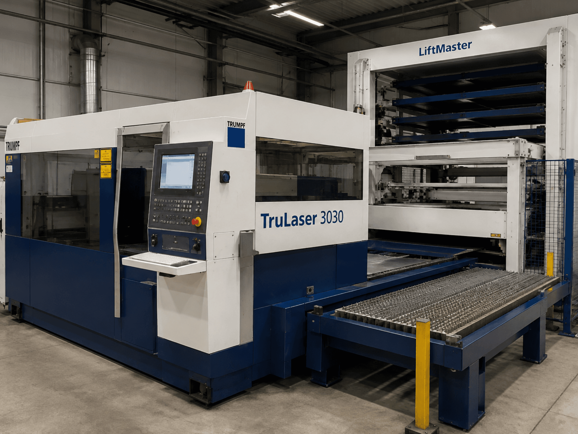 Vue de face de la machine de découpe laser CO₂ TRUMPF TruLaser 3030 équipée du système LiftMaster, avec panneau de commande et table pour tôles.