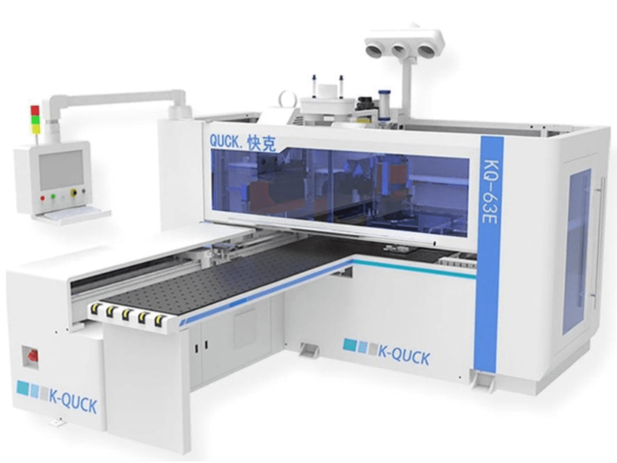 La machine K-QUICK KQ-63E, vue de face, comporte un panneau de commande, un boîtier transparent et un convoyeur plat à rouleaux multiples.