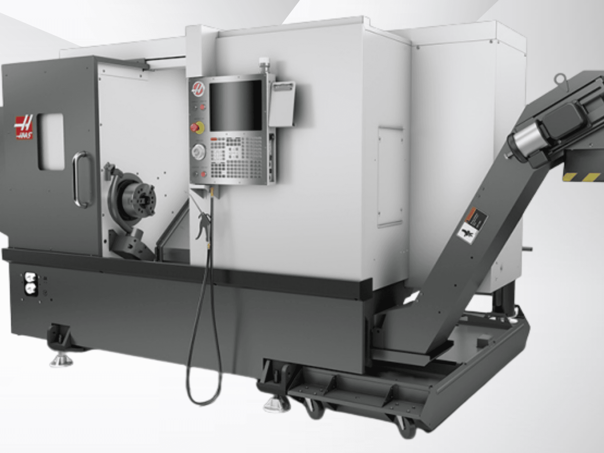 Tour horizontal Haas ST-20 ; vue de face montrant le tableau de commande, la broche et la conception du convoyeur à copeaux.