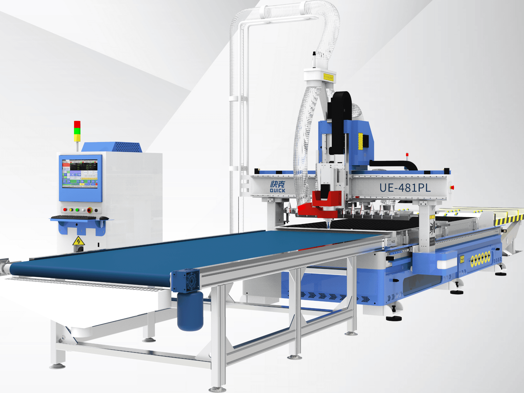 Machine CNC Blue Quick UE-481PL avec écran tactile, vue de face, équipée d'un convoyeur et de plusieurs têtes de coupe.