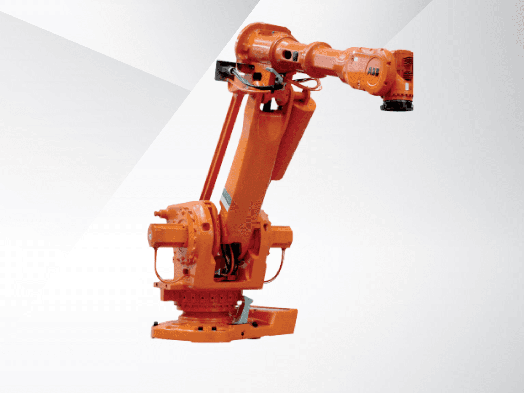 Bras robotisé ABB IRB 6650S-90/3.9 de couleur orange, vue de profil, mettant en évidence les articulations et la base, destiné à l'automatisation industrielle.
