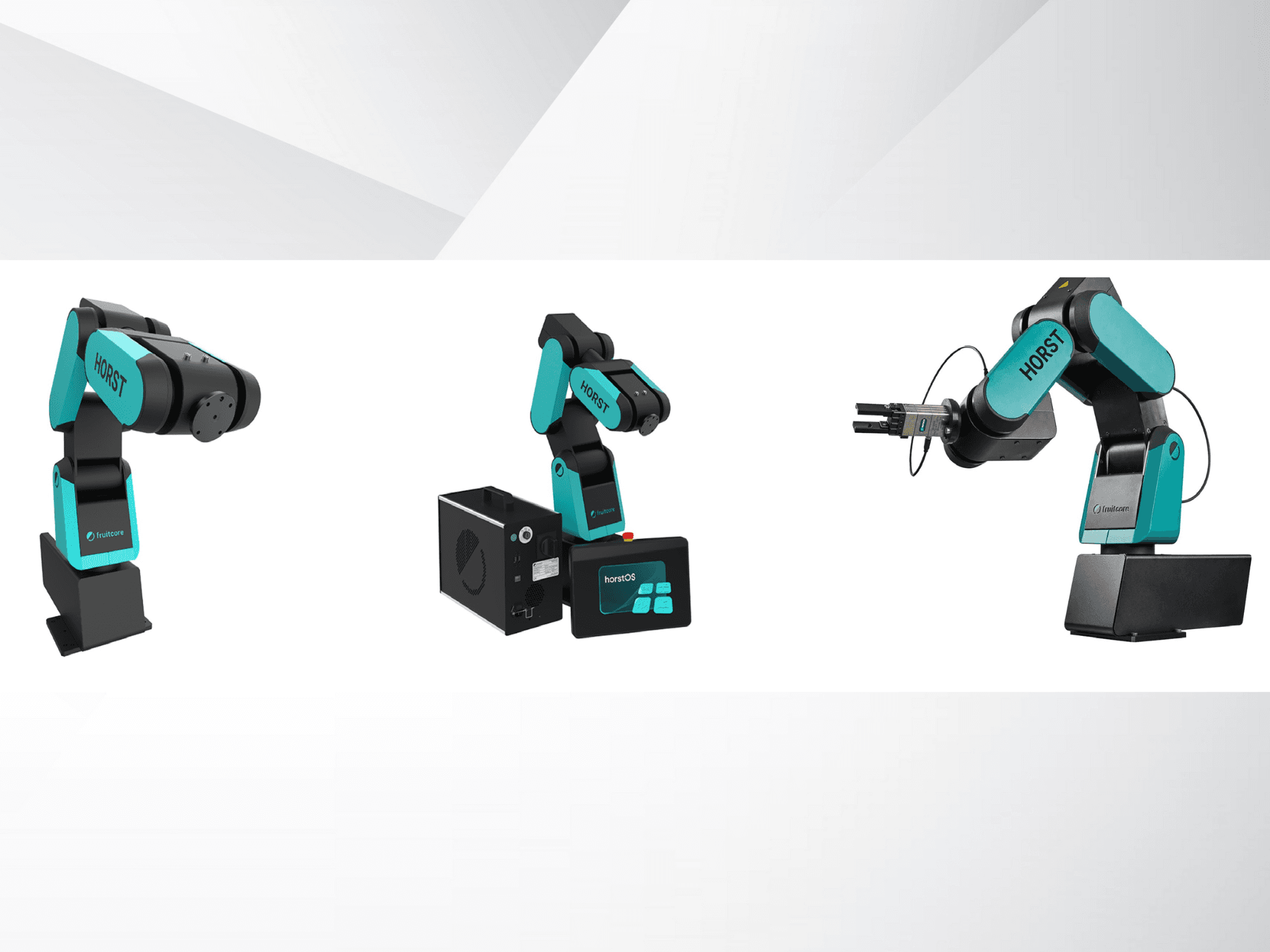 Trois vues du bras robotique Horst de Fruitcore, mettant en évidence son design noir et sarcelle, son panneau de commande et son dispositif de préhension.