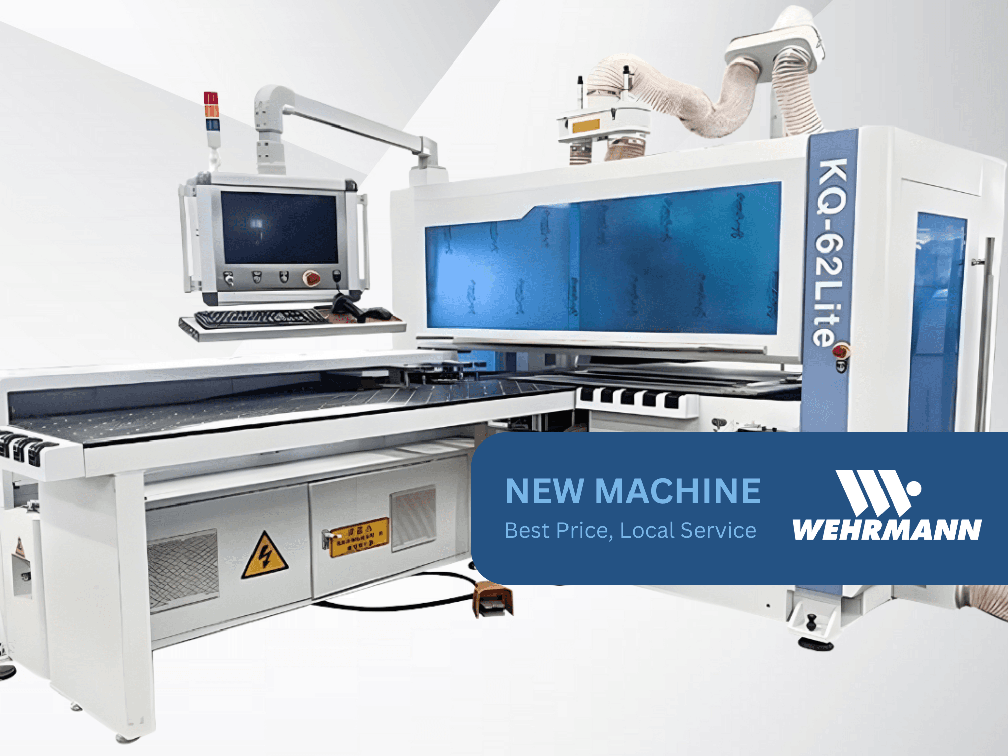 Machine CNC Wehrmann KQ-62Lite, vue de face, comprenant un écran numérique, un panneau de commande et un tapis roulant avec des panneaux d'avertissement de sécurité.