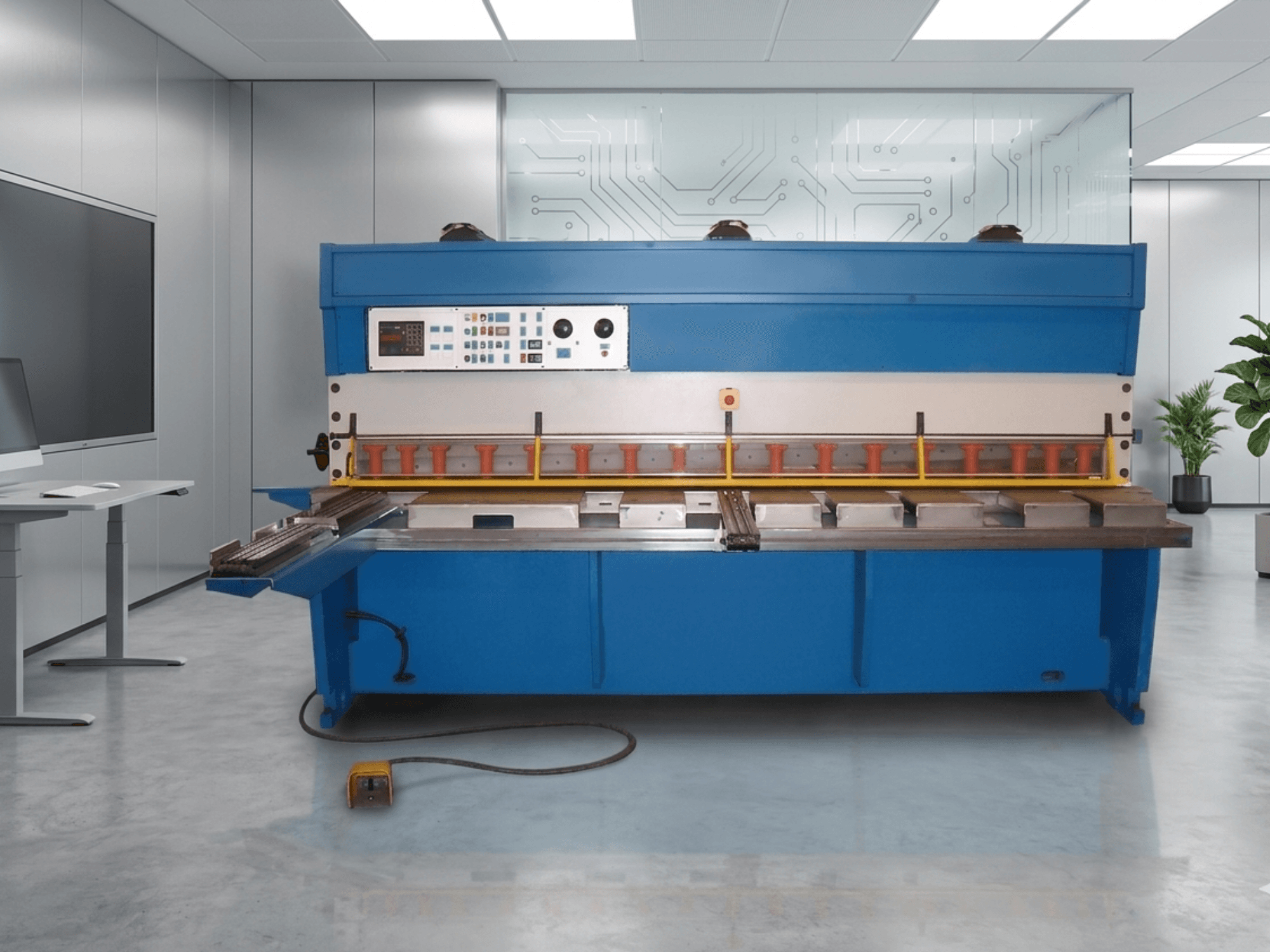 Machine à cisailler hydraulique GASPARINI CO 3006, vue de face, avec panneau de commande et zone de coupe du métal, dans un espace de travail moderne.