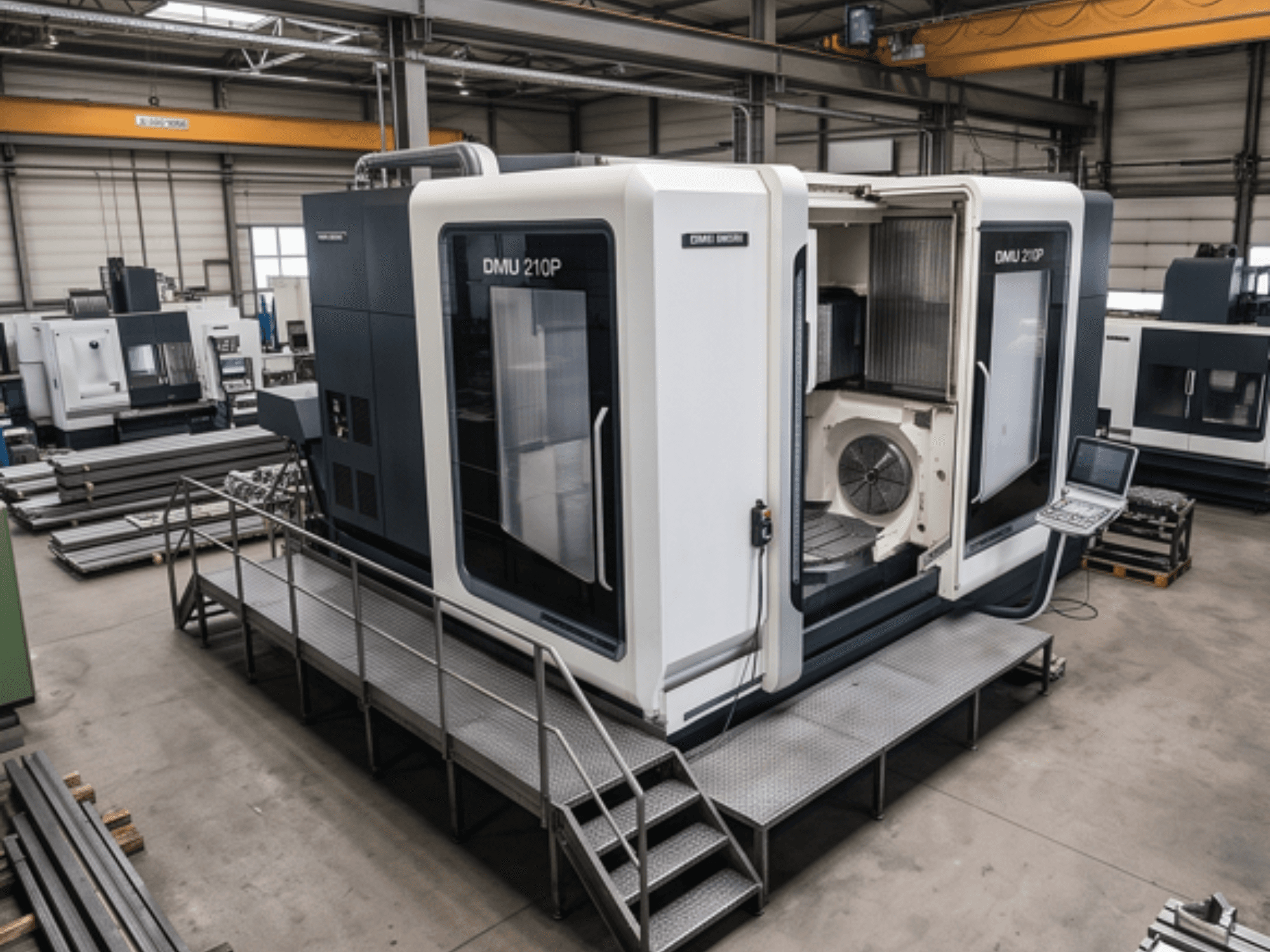 Centre d'usinage universel DMG MORI DMU 210P dans un atelier, vue de profil montrant le panneau de commande et la plate-forme d'accès.